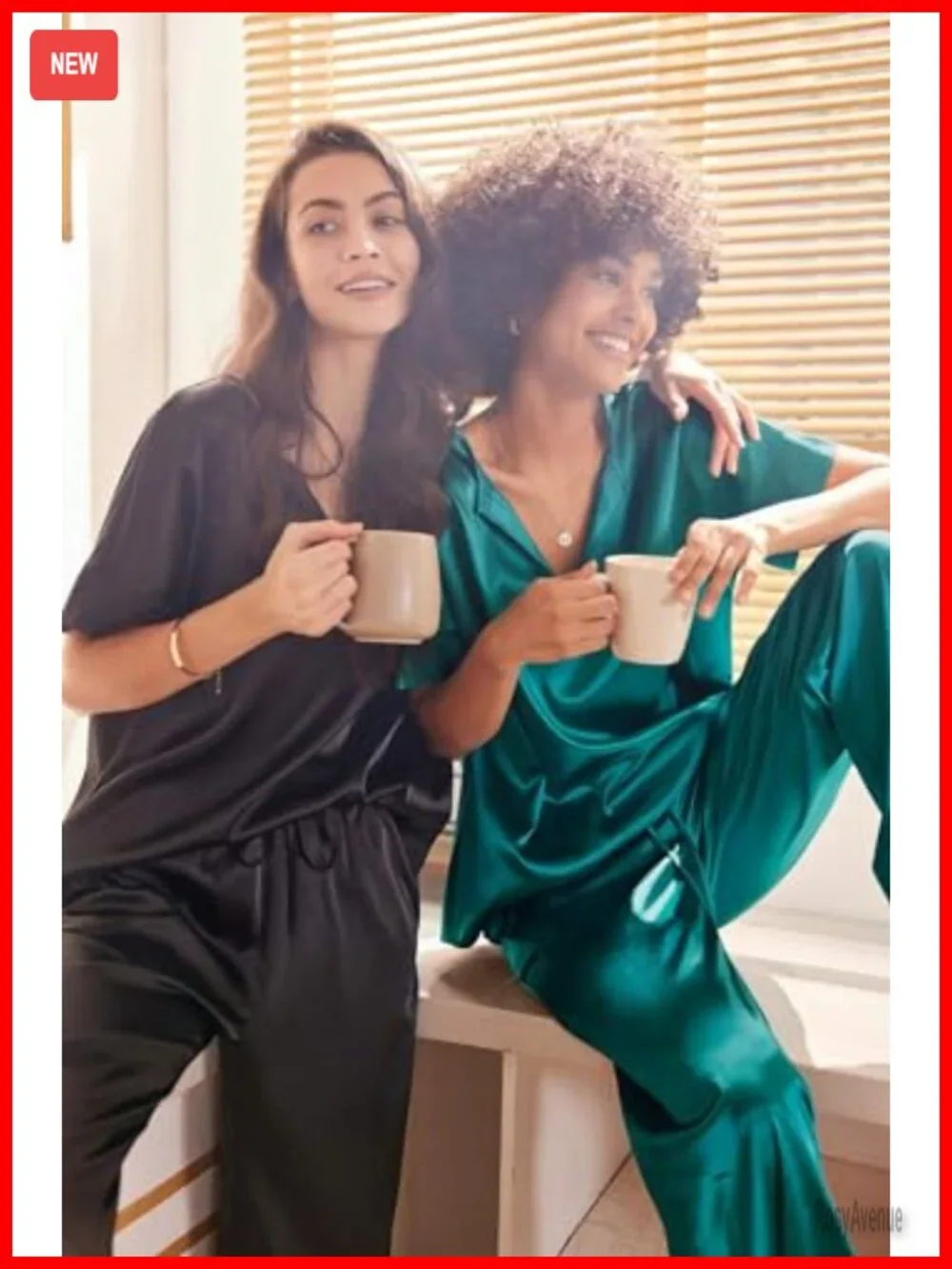 Women's Satin Pajama Set Short Sleeve V Neck Shirt with Long Pant Soft